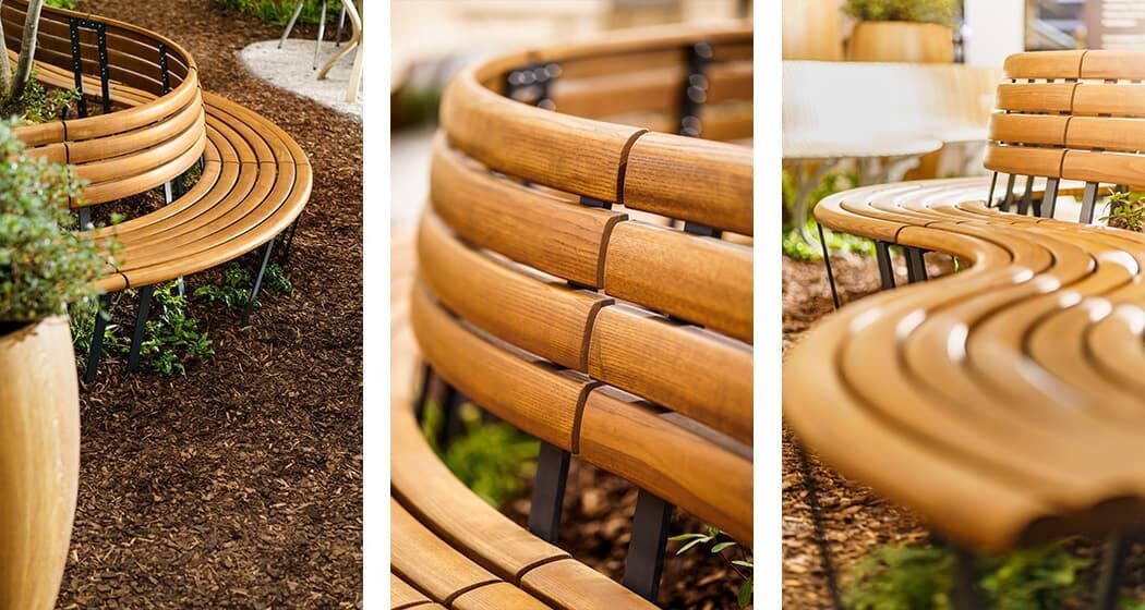 Frei in Form und Gestaltung passt sich die LEUGGERN Rundbank an die Landschaft an